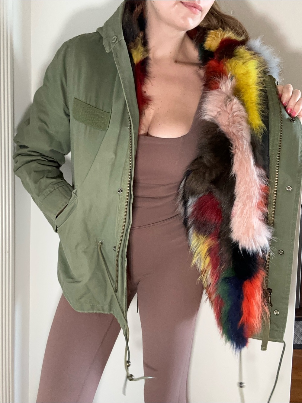 Olive Utility Jacket with Multicolor Fur Lining